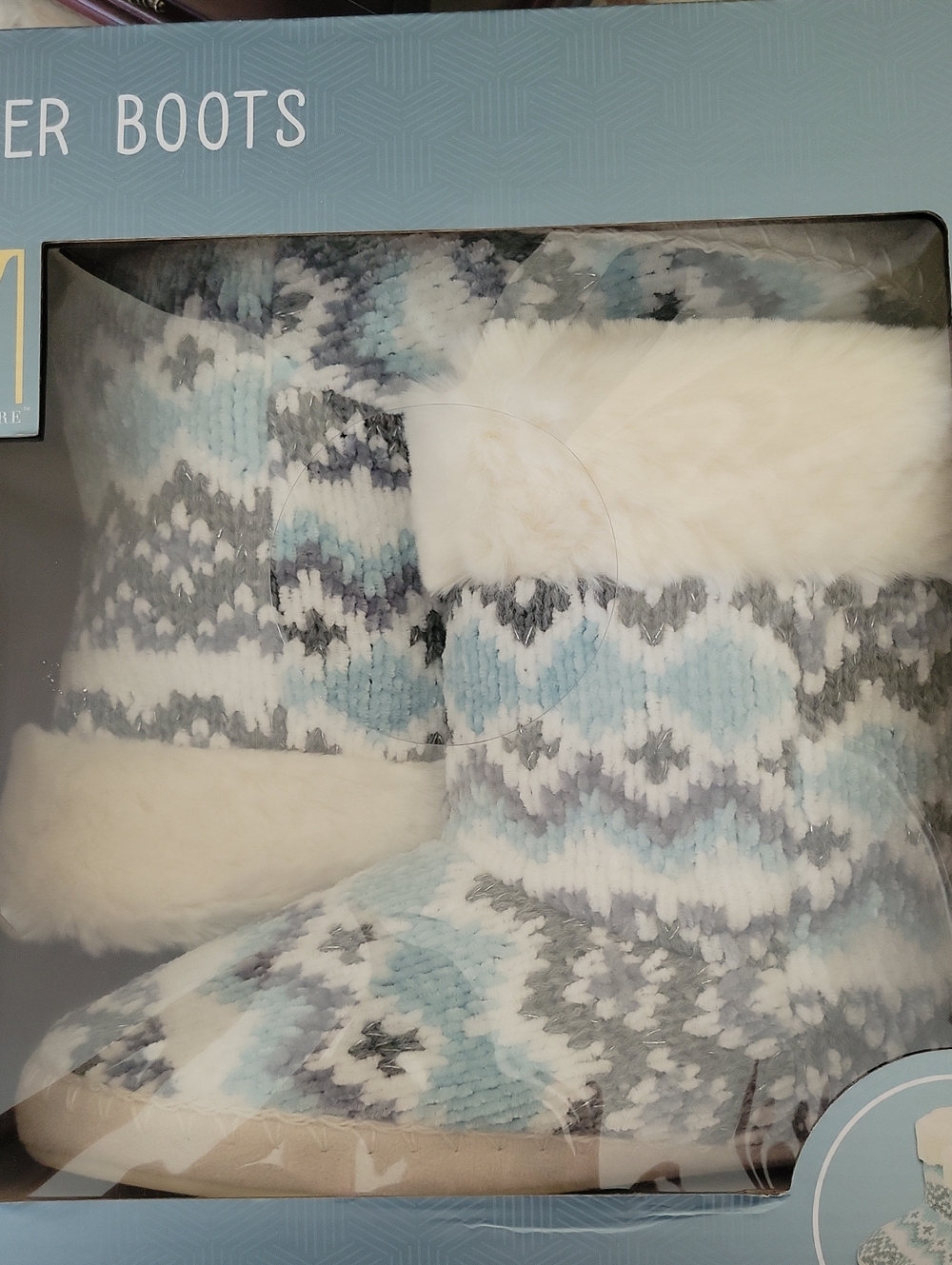 NWT Wayland Square Blue Fair Isle Slipper Boots Faux Fur Cozy-Size 7-8